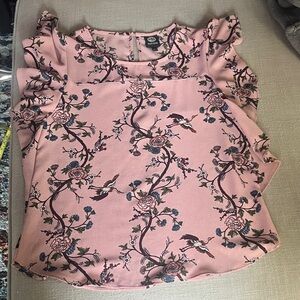 Bobeau Pink Floral Blouse with Ruffle Sleeves